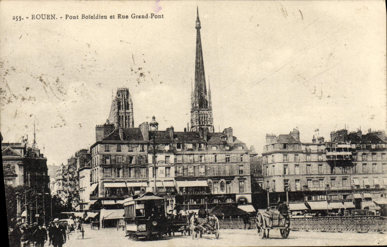 VINTAGE POSTCARD Rouen Boieldieu Bridge and Rue Large Bridge Tram