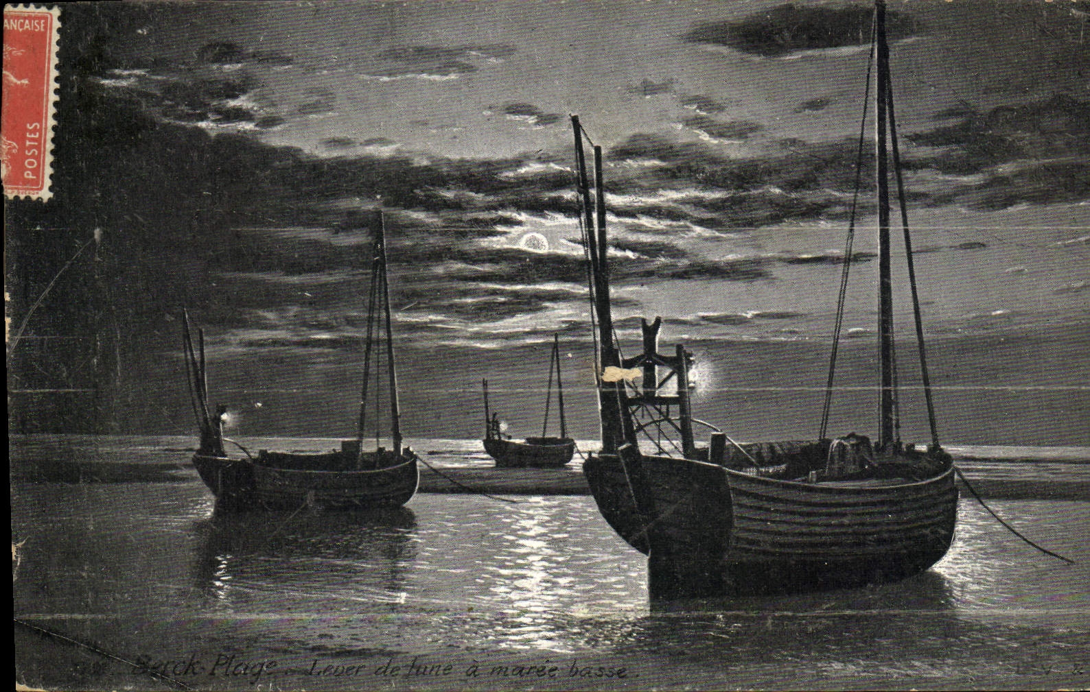 CPA Berck plage Lever de lune a maree basse Bateaux