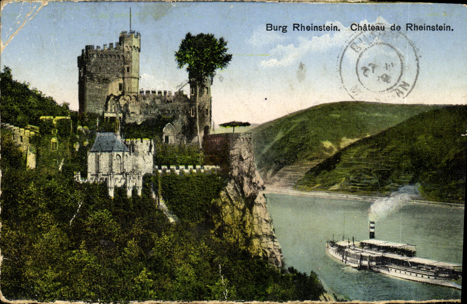 VINTAGE POSTCARD Burg Rheinstein Castle De Rheinstein Boat
