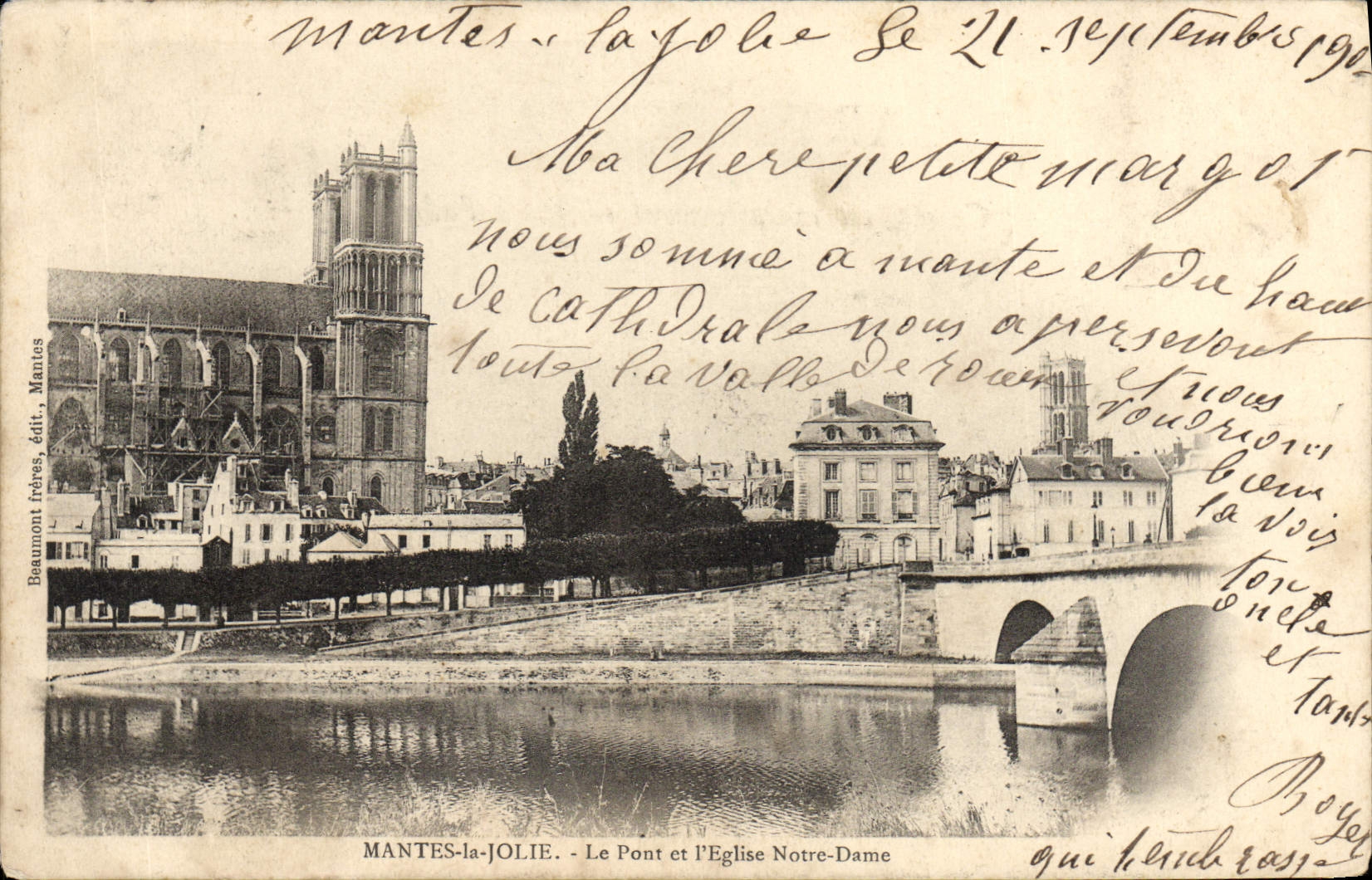 VINTAGE POSTCARD Mantes La Jolie the Bridge And the Notre Dame Church