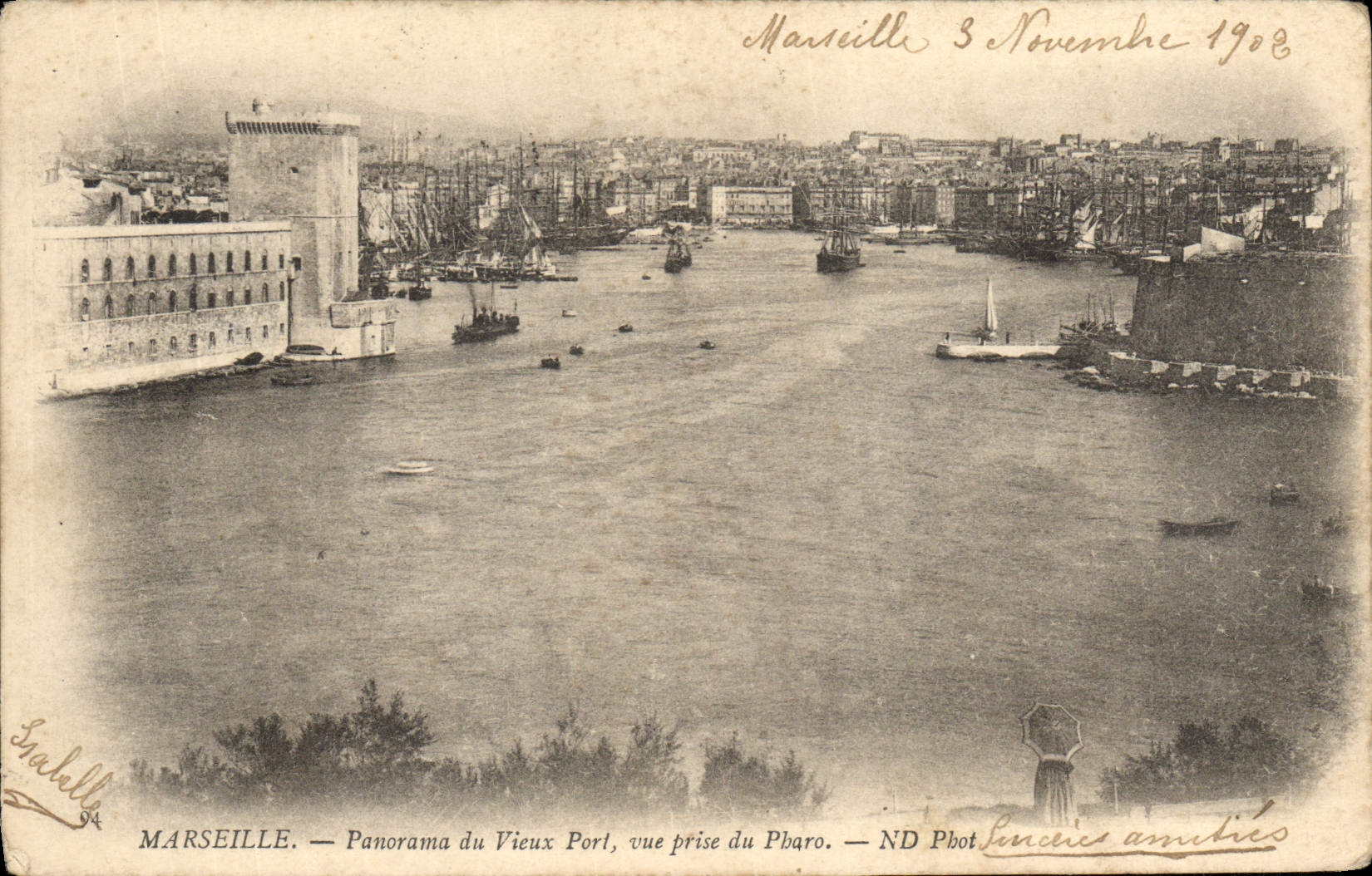 Panorama de Marsella de la POSTAL de la VENDIMIA del puerto viejo vista de Pharo