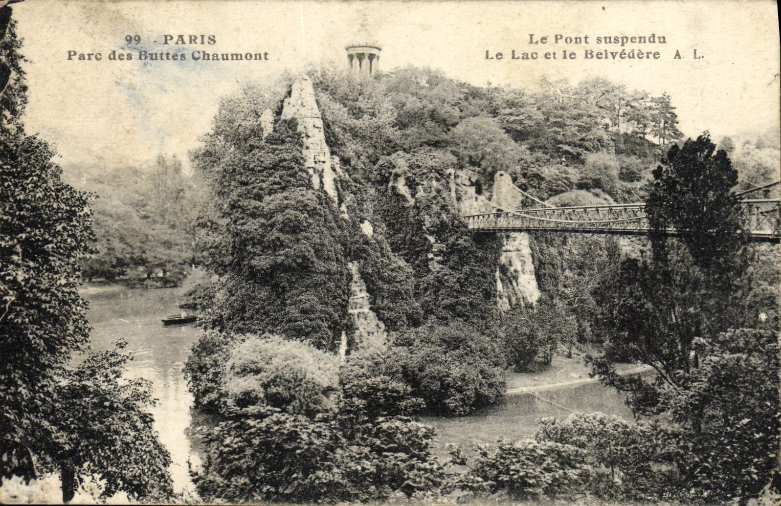 VINTAGE POSTCARD Paris Park Of the Chaumont Hillocks the suspended bridge the lake and the view-point
