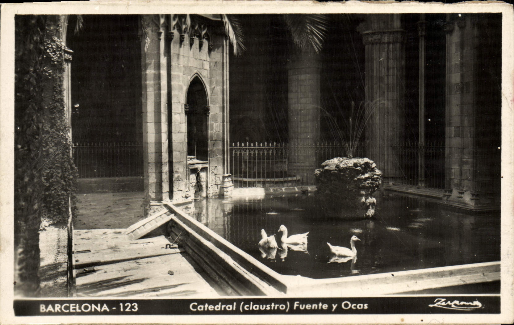 VINTAGE POSTCARD Barcelona Catedral Fuente there Ocas