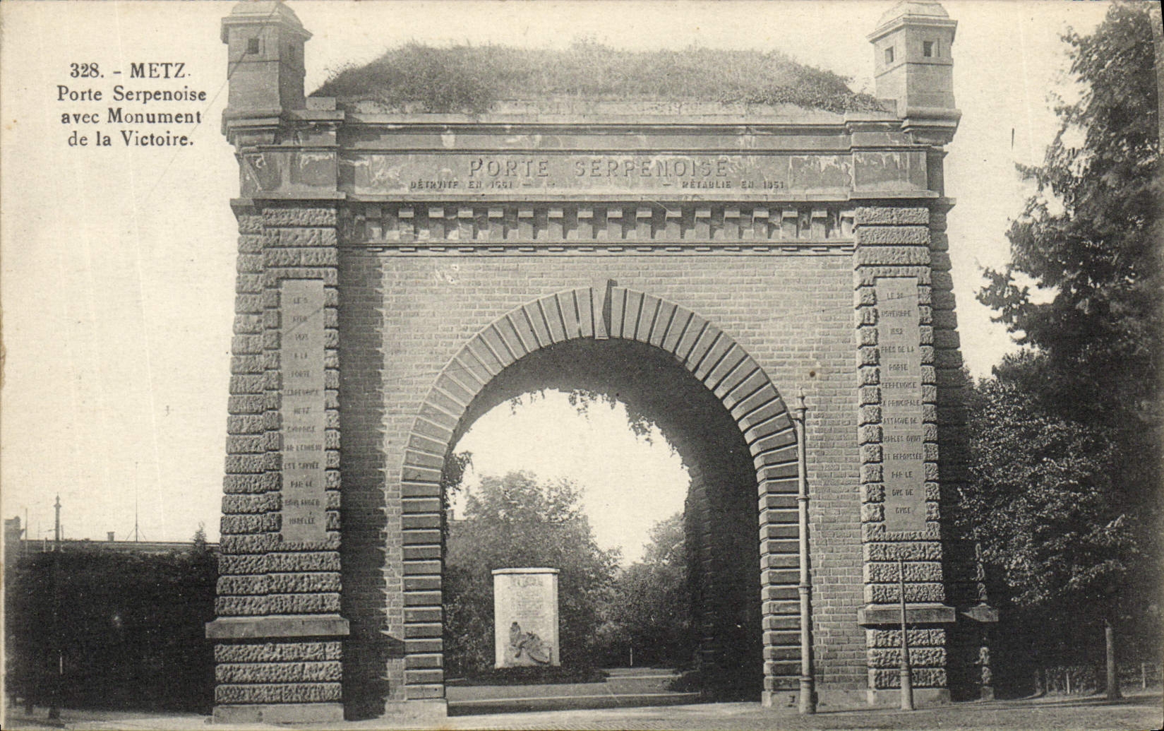La POSTAL Metz de la VENDIMIA lleva Serpenoise con el monumento del Victoire