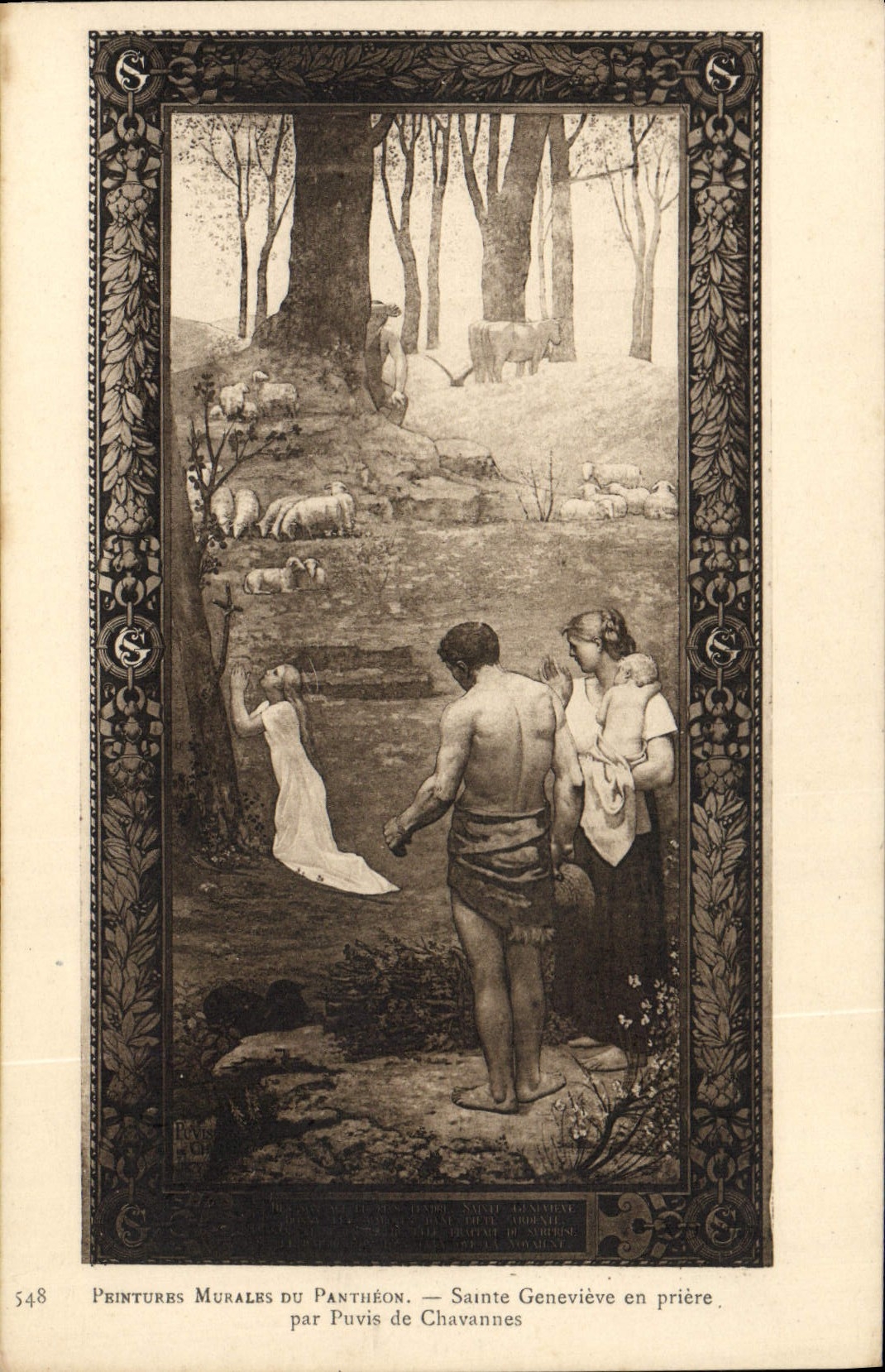 VINTAGE POSTCARD Printures Mural Of the Pantheon Sainte Genevieve in prayer Puvis de Chavannes Paris