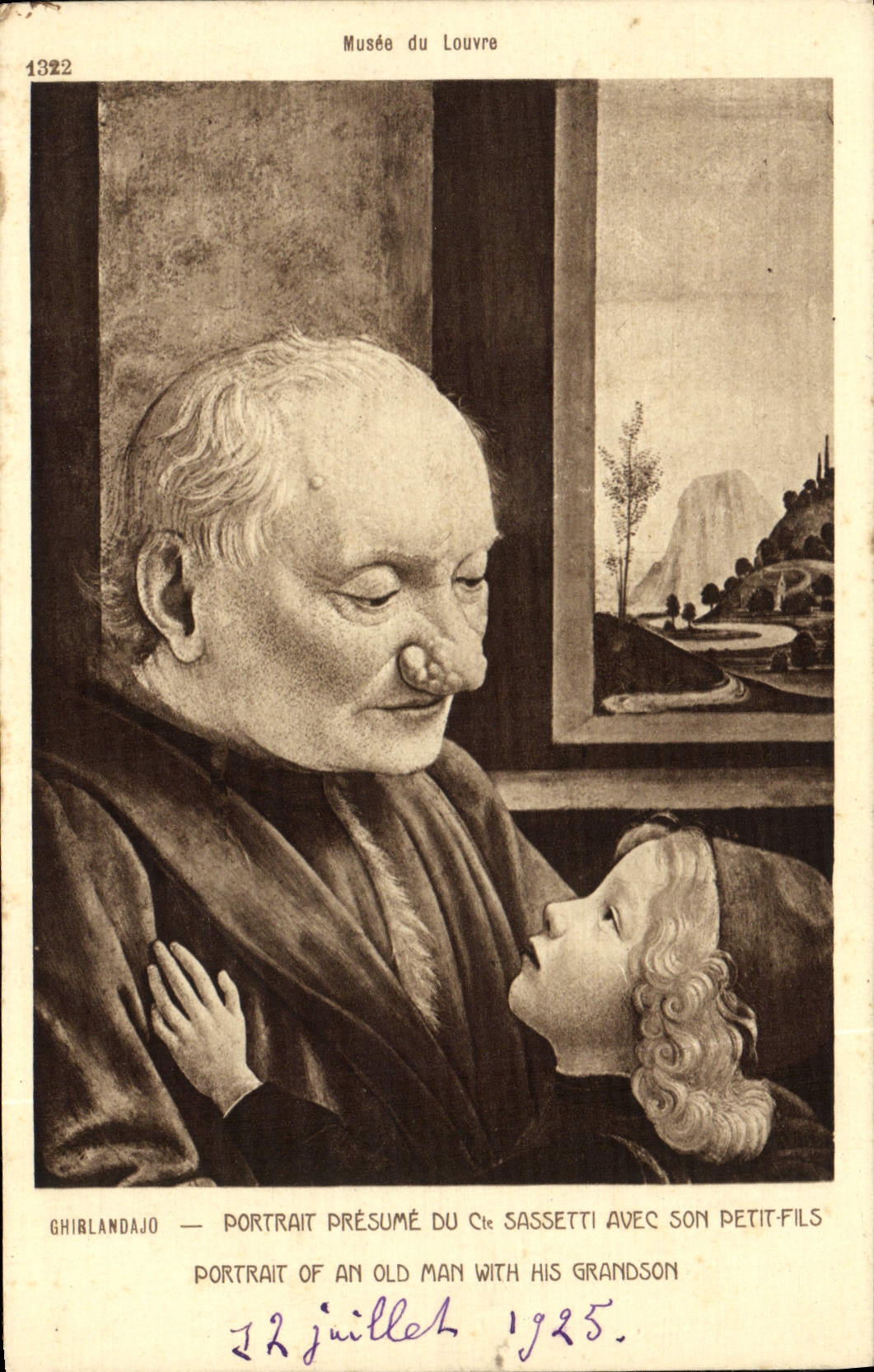 VINTAGE POSTCARD Musee Of Louvre ghirlandajo Portrait supposes of Cte Sassetti with his/her small son
