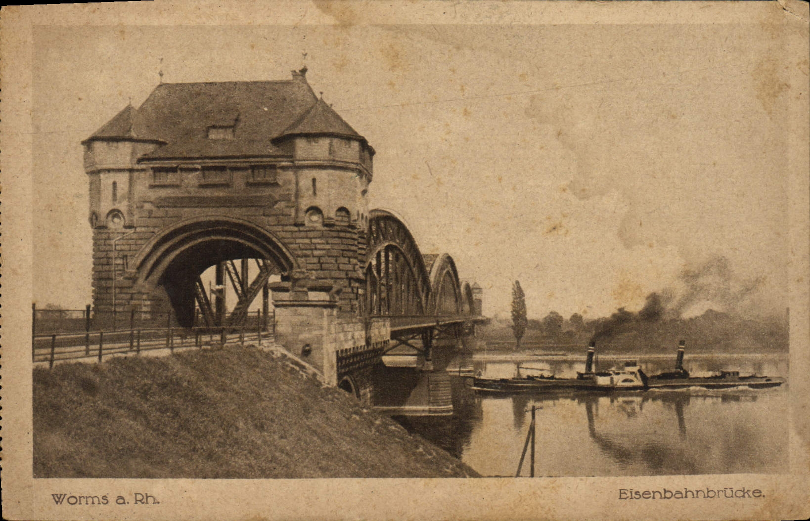 CPA Worms Eisenbahnbrucke Bateau