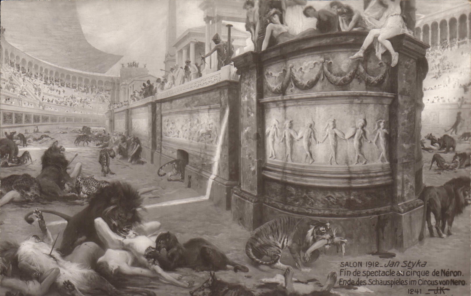 VINTAGE POSTCARD Living room 1912 Jan Styka Fine of Spectacle to the circus of Neron Lion Tigers Panther Wolf