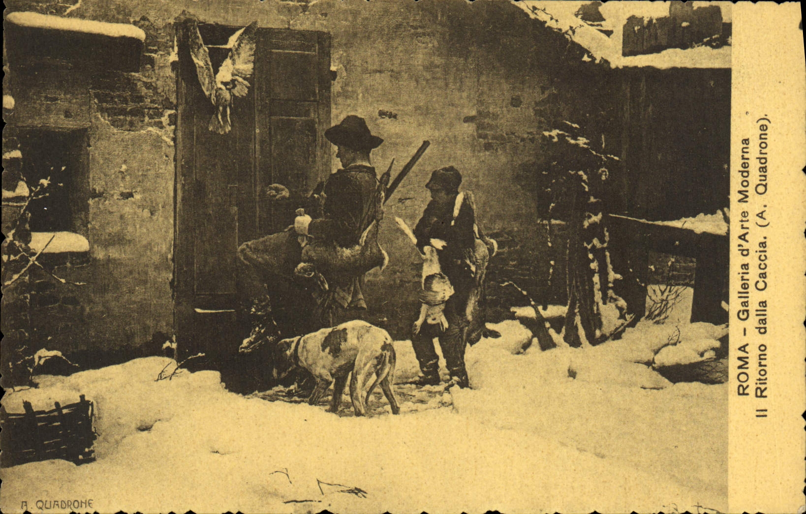 VINTAGE POSTCARD Roma Galleria d' Arte Moderna It Ritorno paved Caccia Quadrone Chien