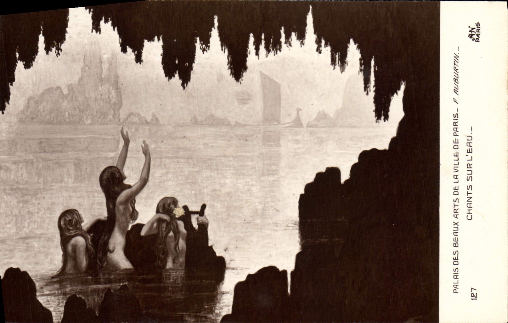 VINTAGE POSTCARD Palate Of Beautiful arts Of the Town Of Paris Songs On Water Auburtin