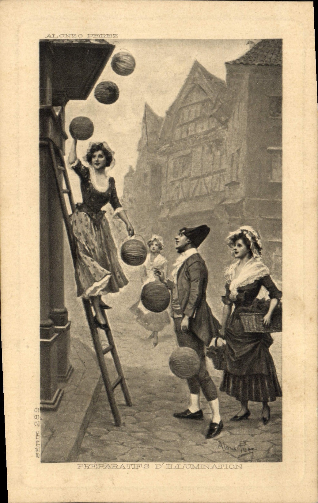 VINTAGE POSTCARD Preiparatifs d' Illumination Alonzo Perrez