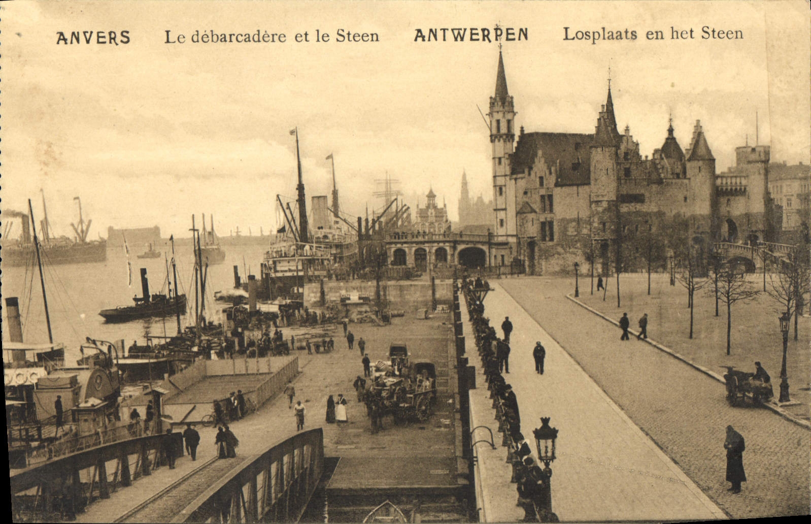 POSTAL Amberes de la VENDIMIA el muelle de descarga y los barcos de Steen