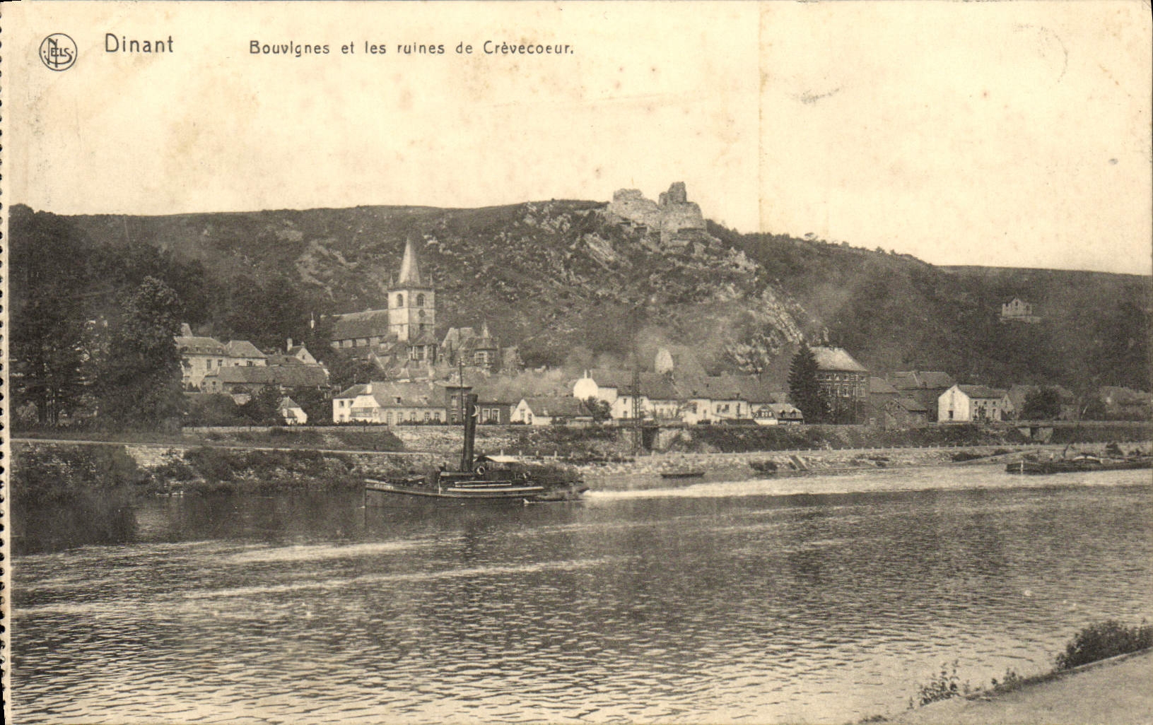 VINTAGE POSTCARD Dining Bouvignes And the Ruins De Crevecoeur Boat
