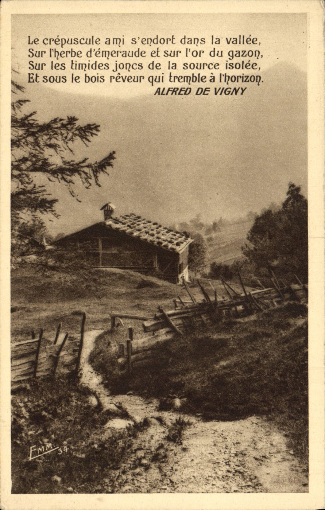 VINTAGE POSTCARD the Friendly Twilight Falls asleep In the Valley On the Grass Alfred de Vigny