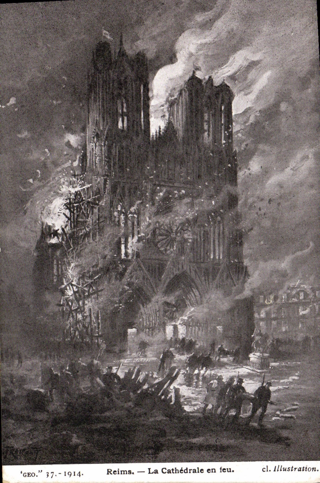 VINTAGE POSTCARD Rheims the Cathedral On fire Militaria