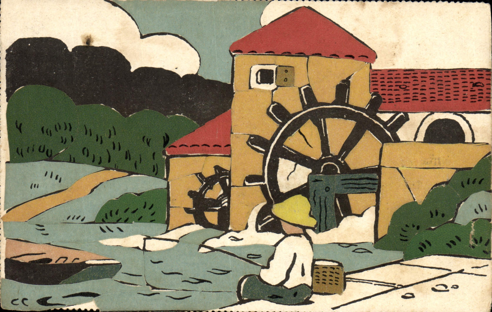 VINTAGE POSTCARD Mill (made with the hand)