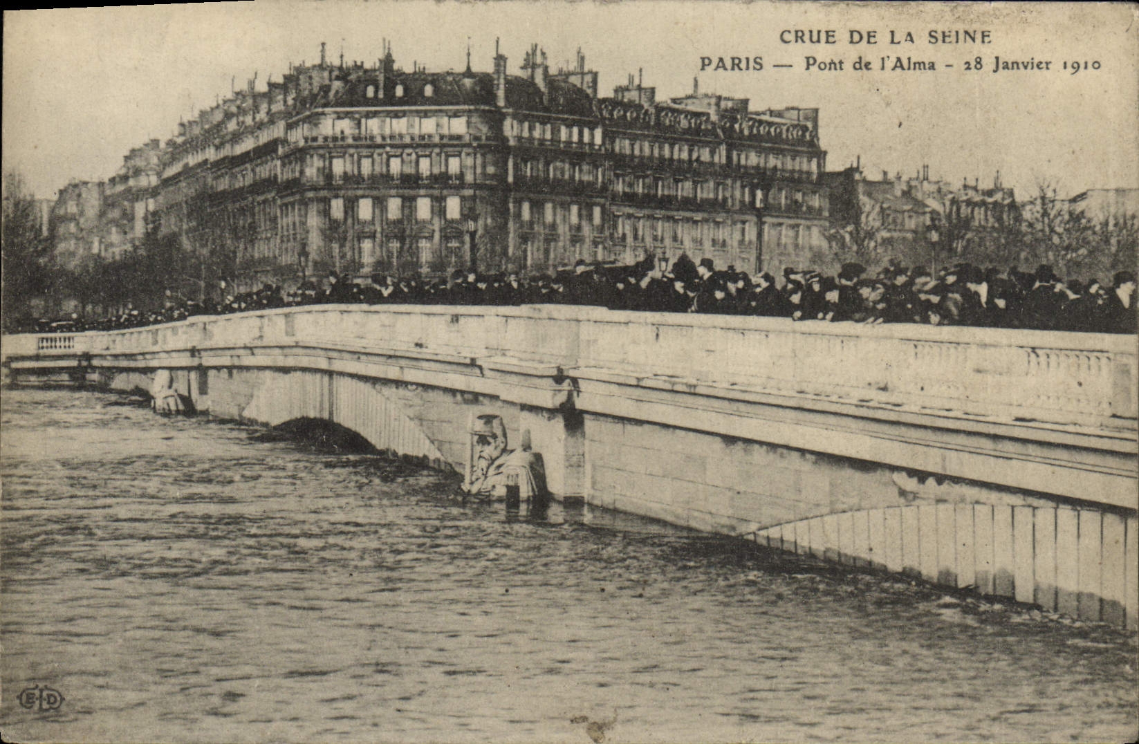 VINTAGE POSTCARD Believed Of the Seine Paris Bridge Of Alma January 28th, 1910 Floods