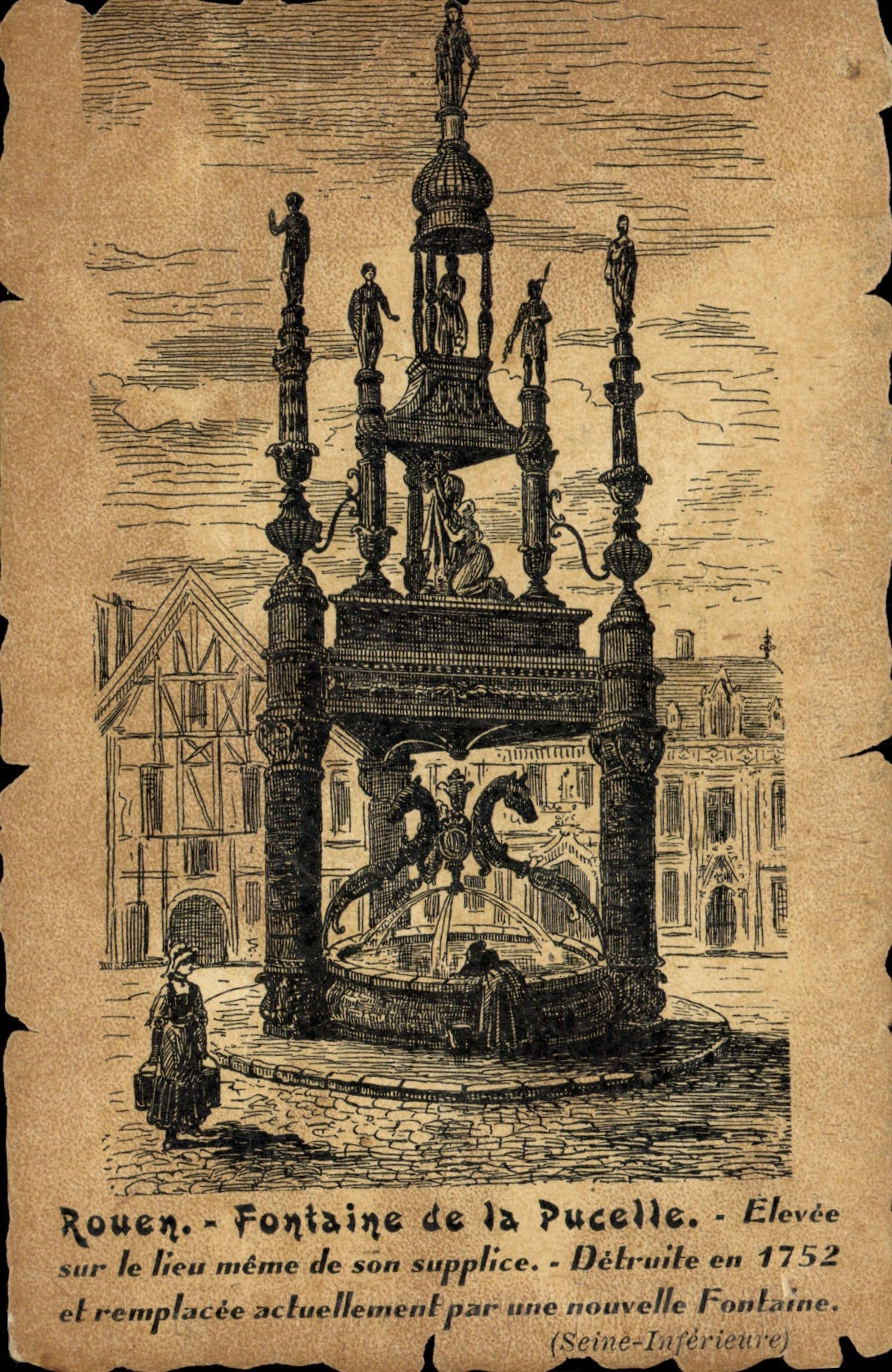 VINTAGE POSTCARD Rouen Fountain Of the Virgin Jeanne d' Arc