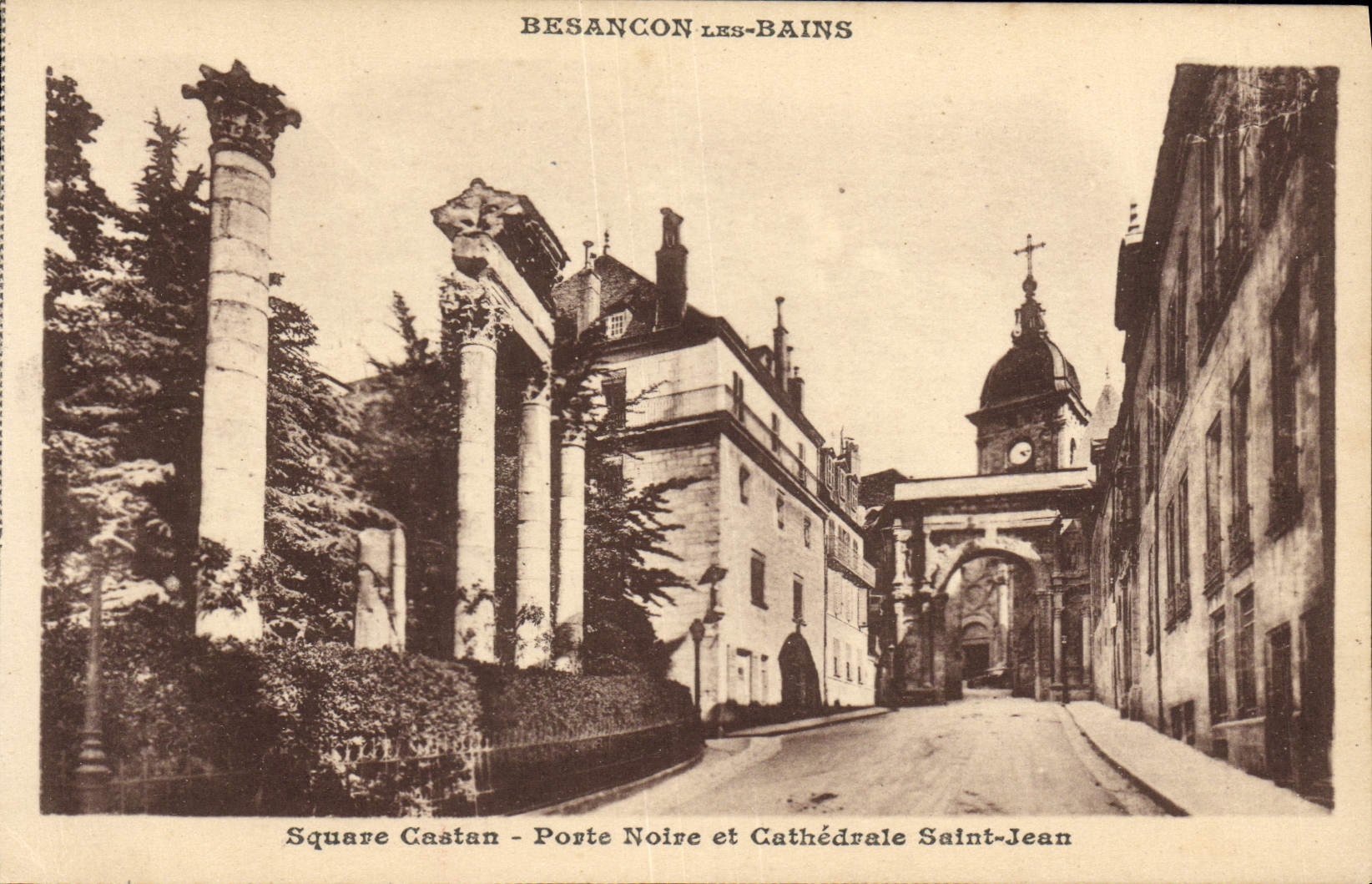 VINTAGE POSTCARD Besancon les Bains Square Castan Carries black and cathedral Saint Jean