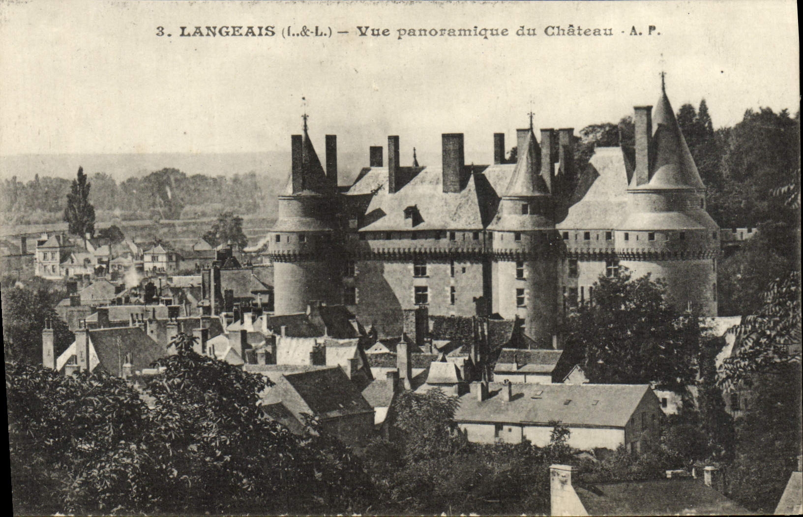 Opinión panorámica de Langeais de la POSTAL de la VENDIMIA del castillo