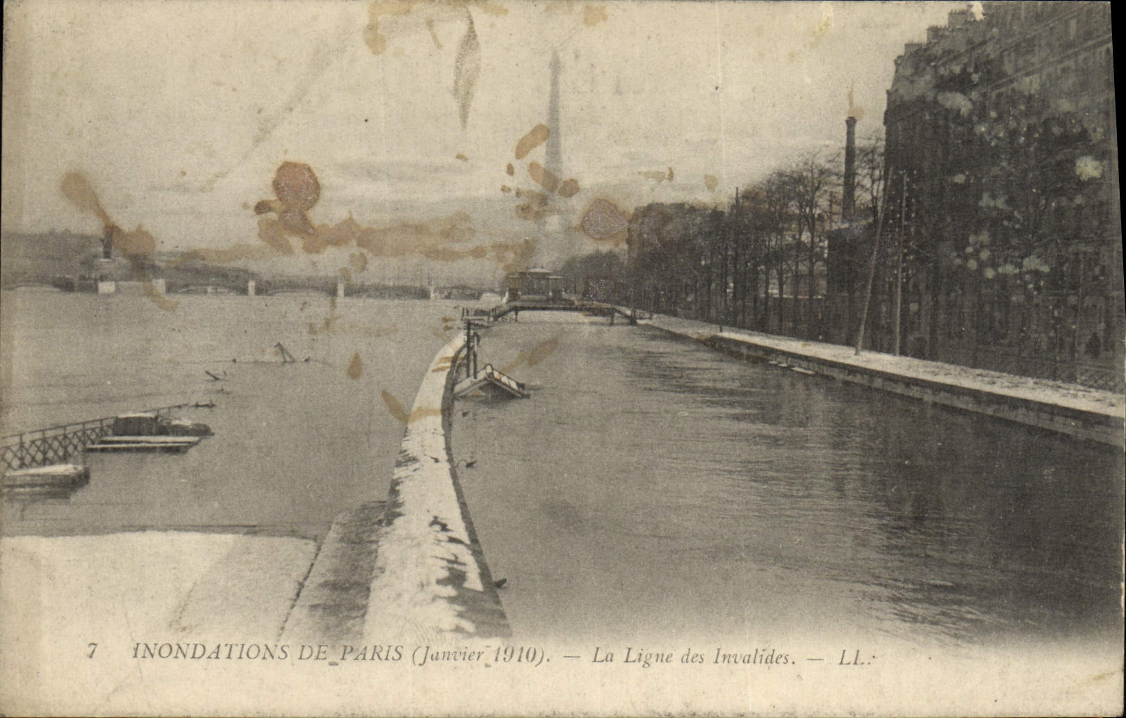 La POSTAL París de la VENDIMIA la línea del Invalids inunda el enero de 1910