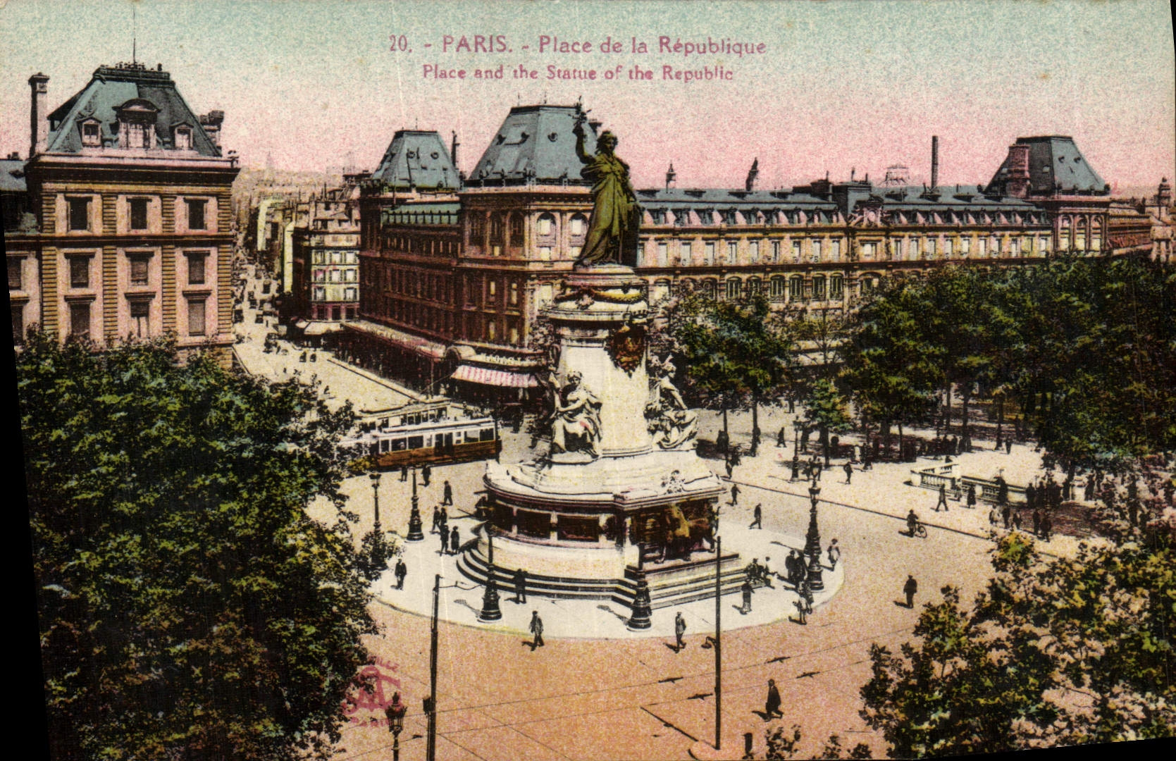 VINTAGE POSTCARD Paris Places Republic Tram