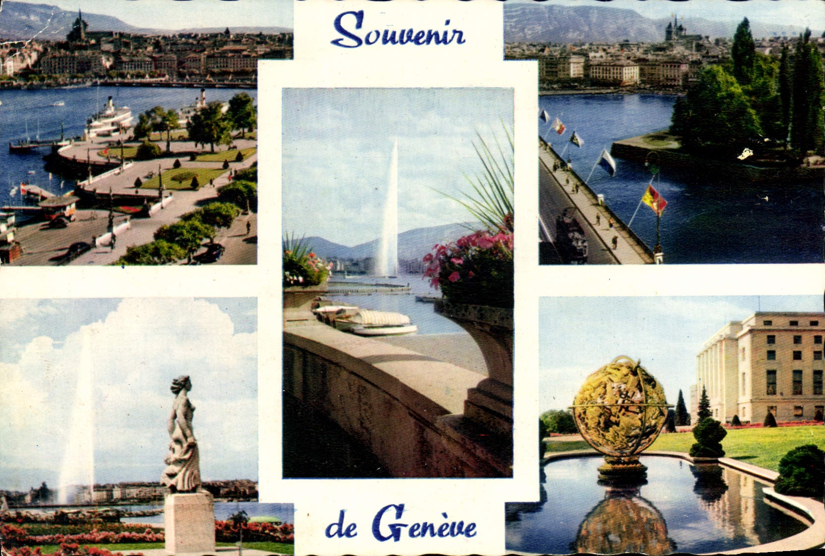 CPM Souvenir De Geneve La rade Le pont du Mont Blanc Le jet d'eau Quai Gustave Ador Palais de l'ONU
