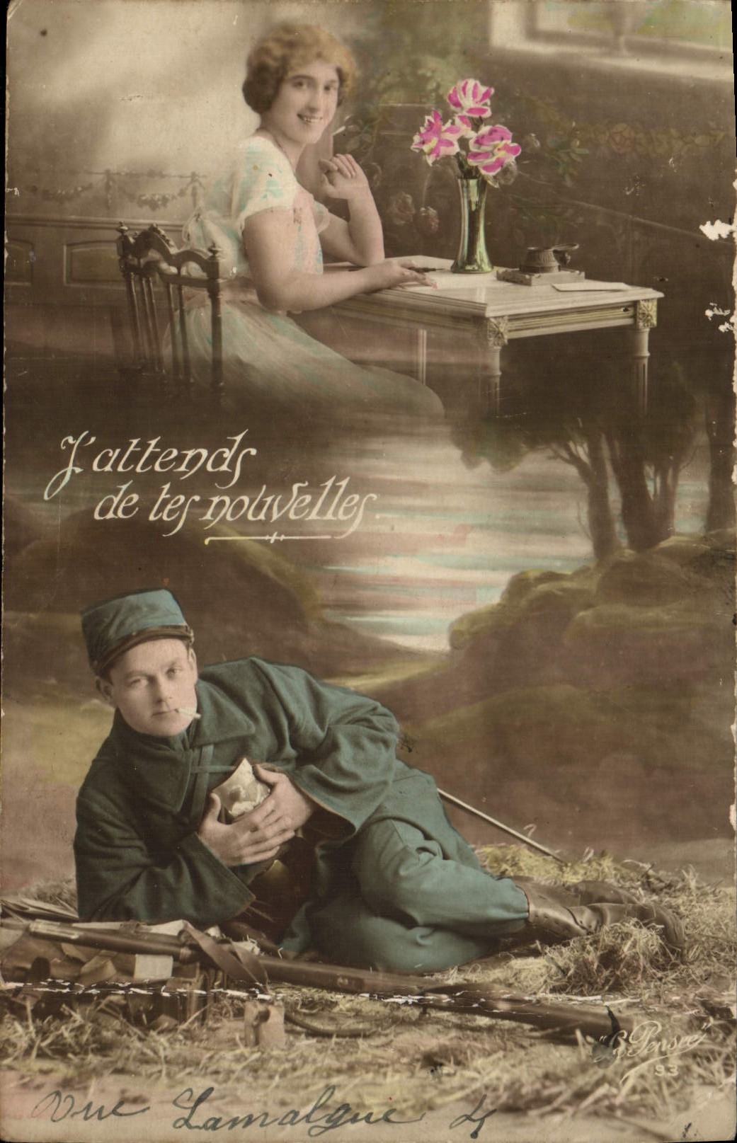 VINTAGE POSTCARD I await Your New Woman Militaria Soldier