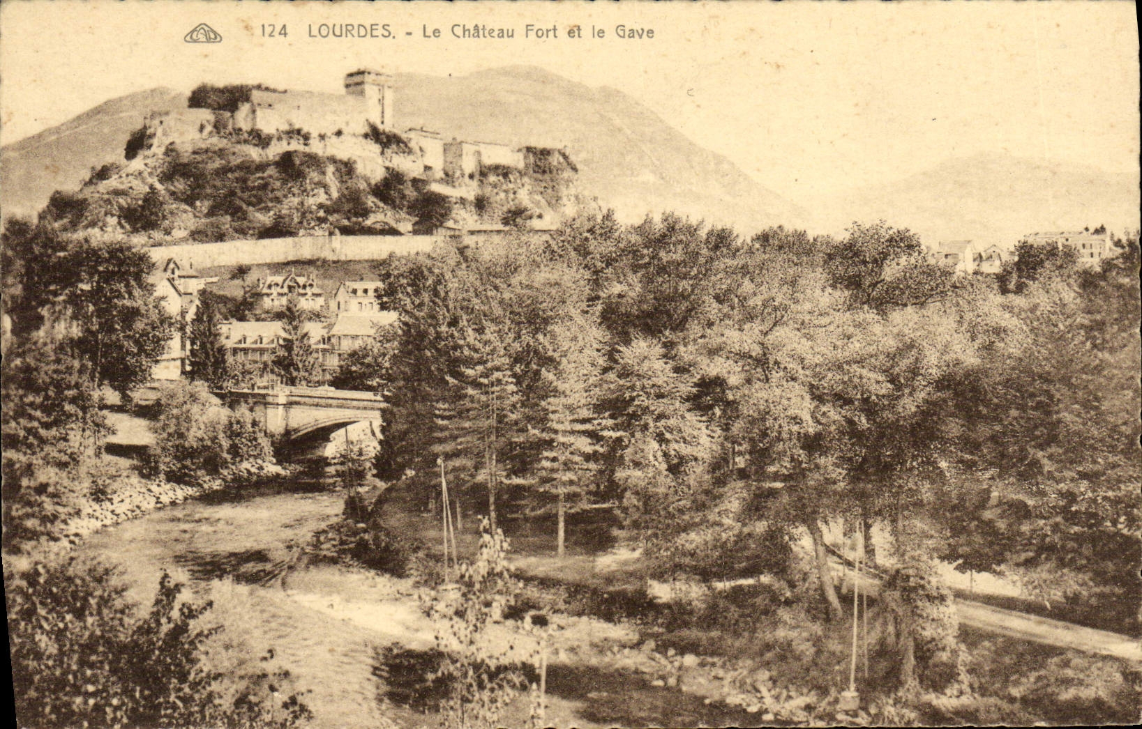 CPA Lourdes Le Chateau Fort et le Gave