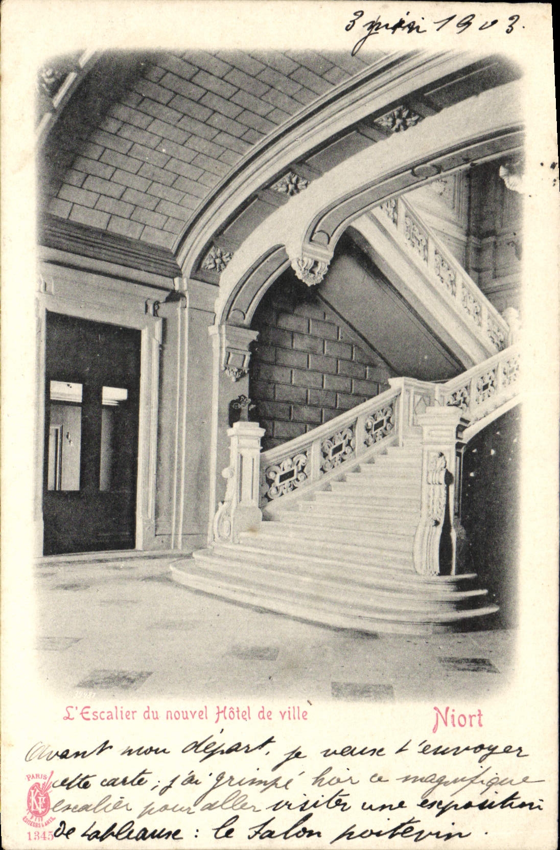VINTAGE POSTCARD Niort the Staircase of the New Town hall