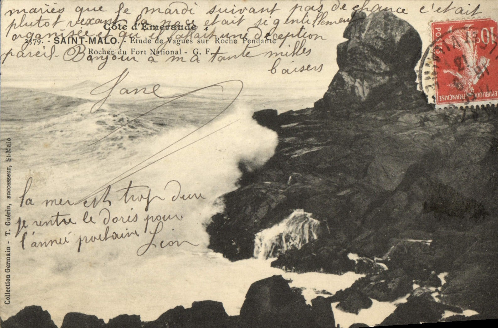 VINTAGE POSTCARD Holy Malo Details of waves on hanging rock Rock of the Strong National