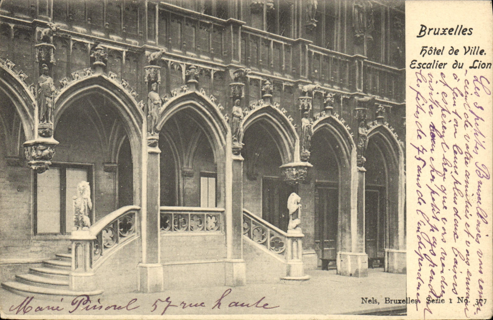 Escalera del ayuntamiento de Bruselas de la POSTAL de la VENDIMIA del león