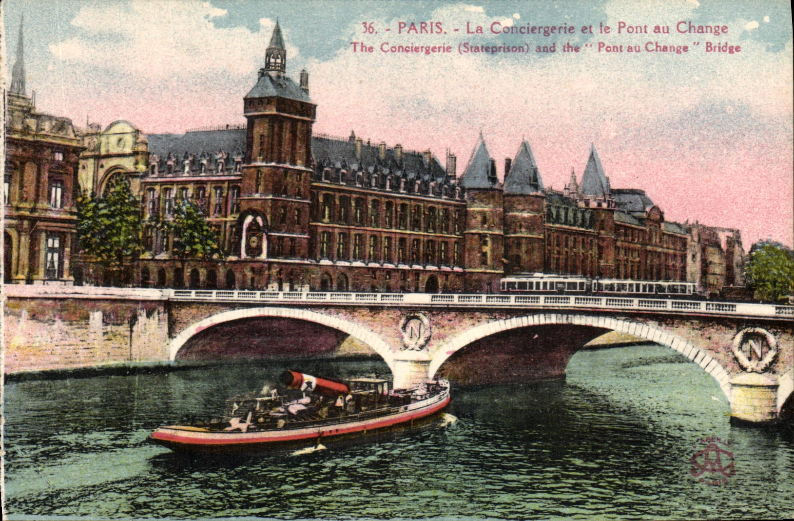 VINTAGE POSTCARD Paris the Caretaker's lodge And the Bridge With the Exchange Barge Boat