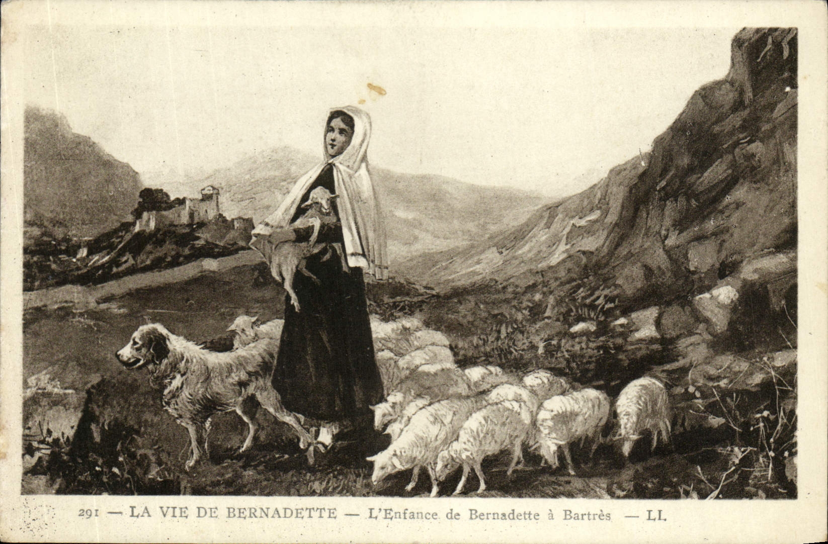 VINTAGE POSTCARD the life Of Bernadette the Childhood Of Bernadette has Bartres Moutons Dogs