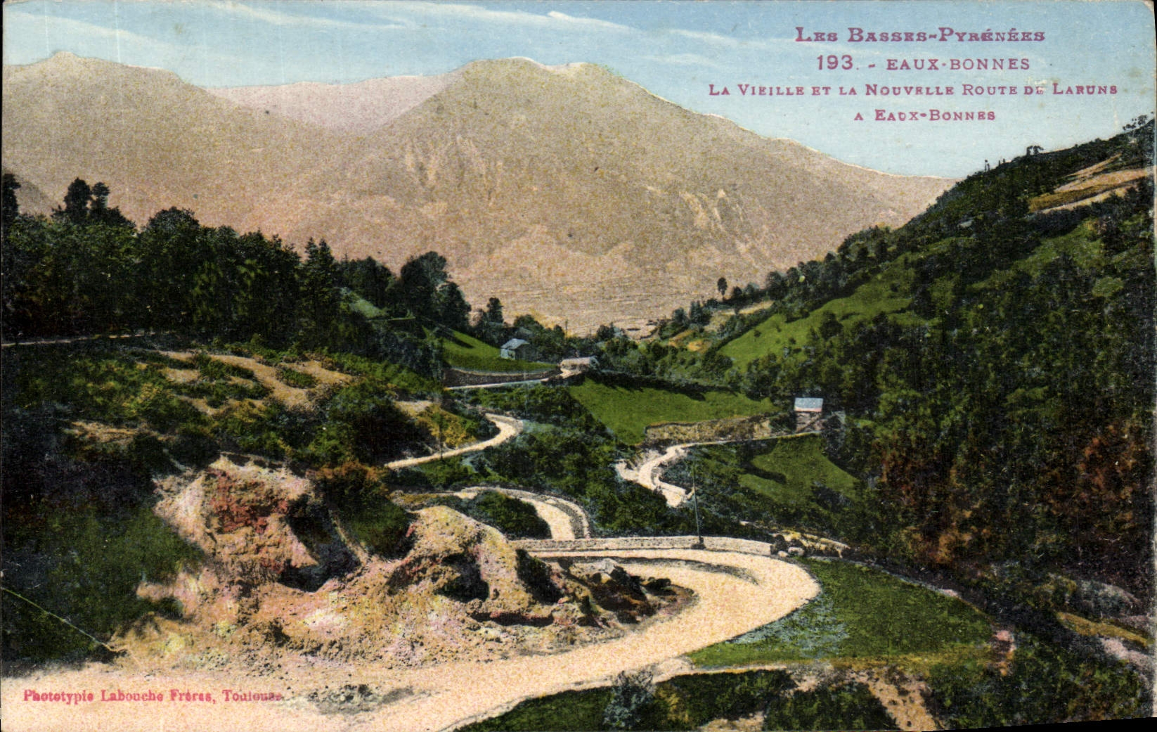 VINTAGE POSTCARD Bassee the Pyrenees Good Water the Old woman And the new Road De Laruns