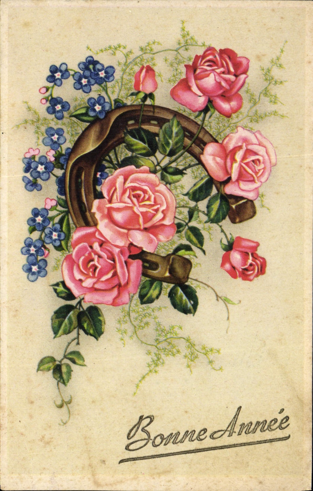 CPA Bonne Annee Fleurs Fer a cheval