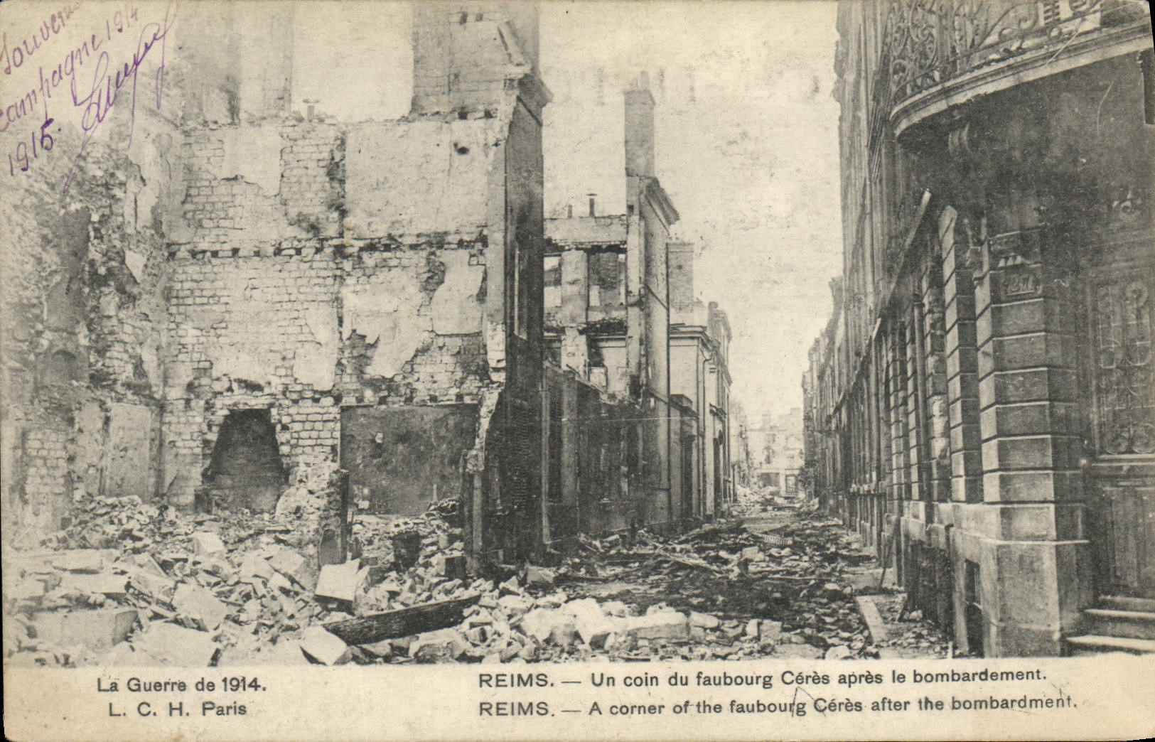 La POSTAL Reims de la VENDIMIA una esquina del Ceres suburbio después del bombardeo de Miltiaria