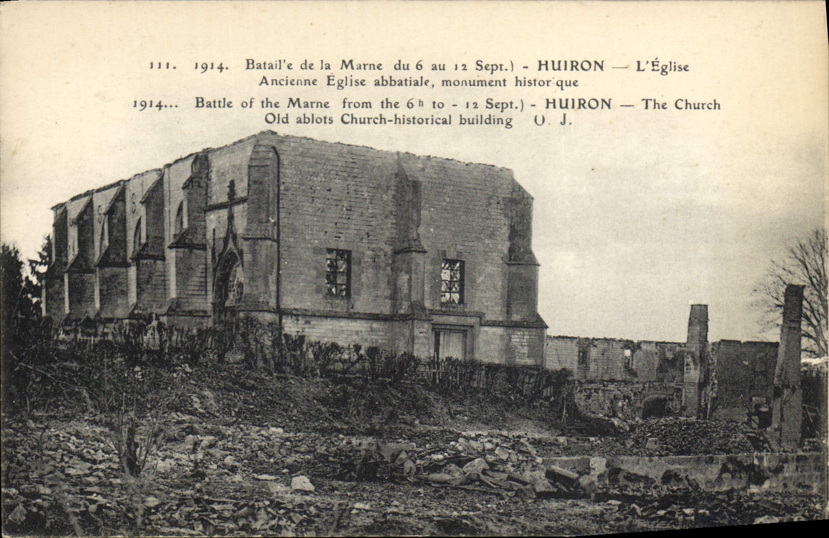 VINTAGE POSTCARD Battle of the Huiron Marne the church Old abbey church Militaria