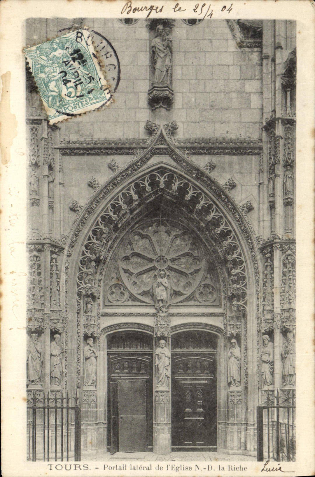 VINTAGE POSTCARD Tours Gate laleral of I' church ND the rich person