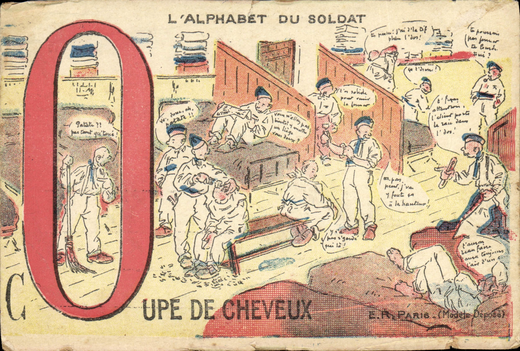 VINTAGE POSTCARD the Alphabet Of the Soldier Letter O Haircut Hairdresser