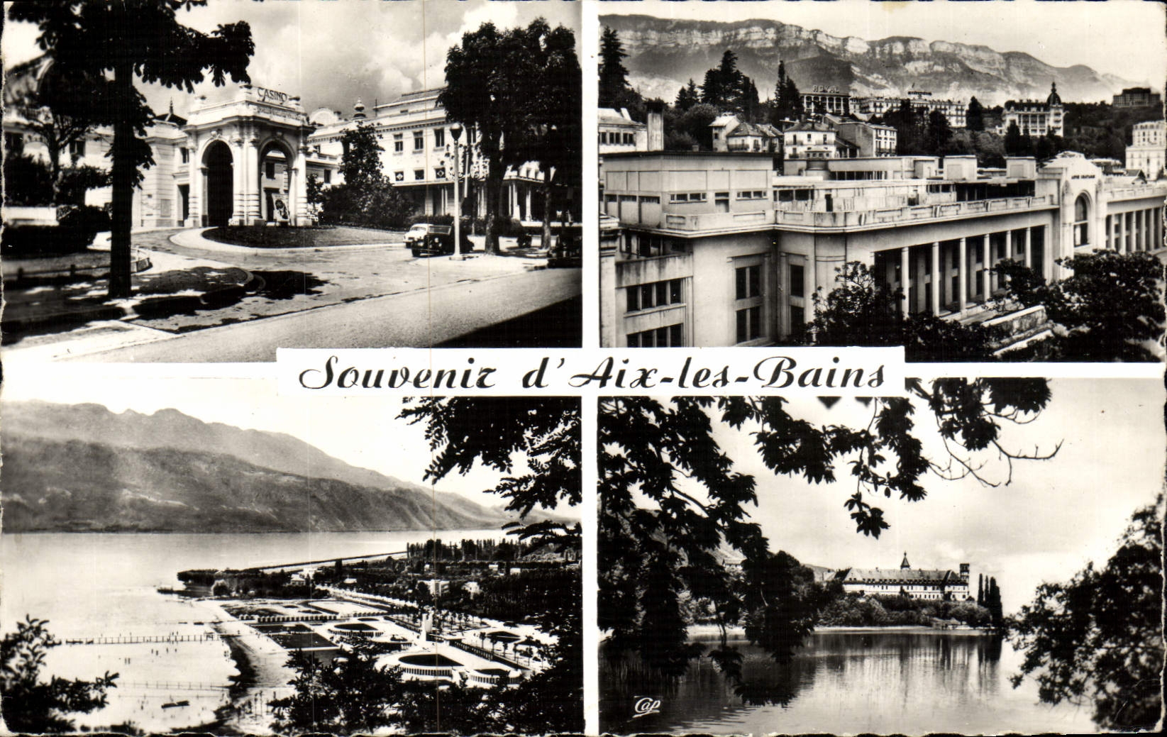 MODERN CARD Souvenir of Aix les Bains the Grand casino Rings Panorama the Abbaye beach of Hautecombe
