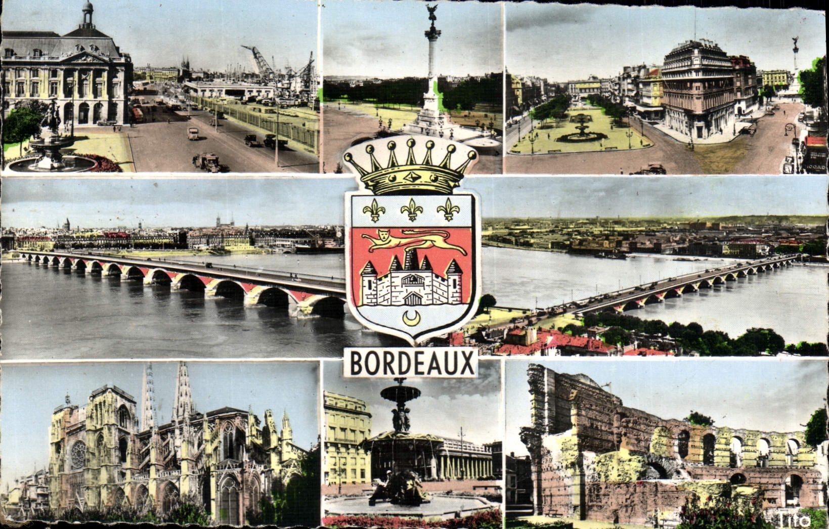 CPM Bordeaux Place de la Bourse Les Quinconces Allees de Tourny Le pont La rade Cathedrale