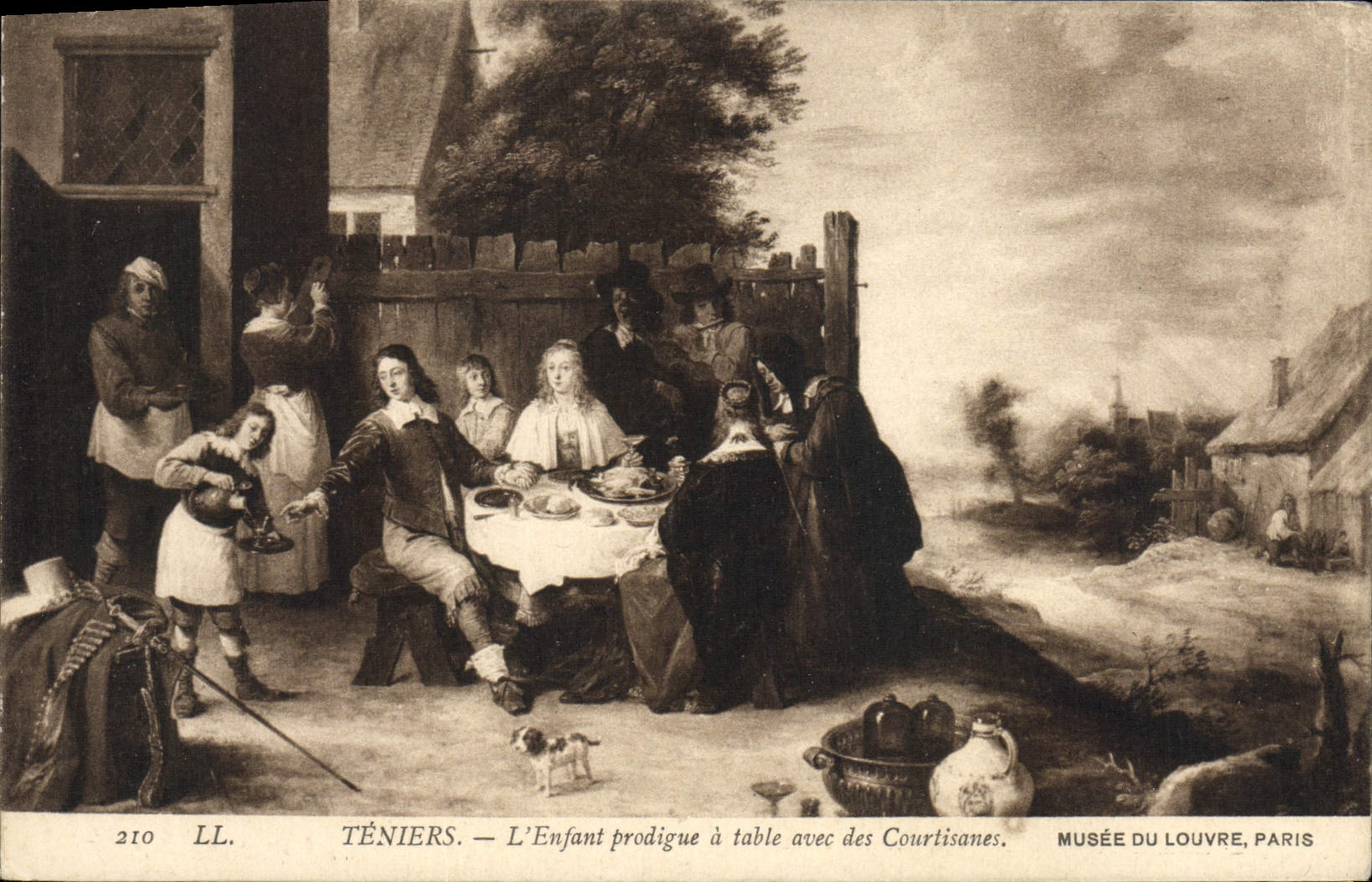 VINTAGE POSTCARD Teniers L Prodigal son has Table With Courtesans Museum of Louvre Paris