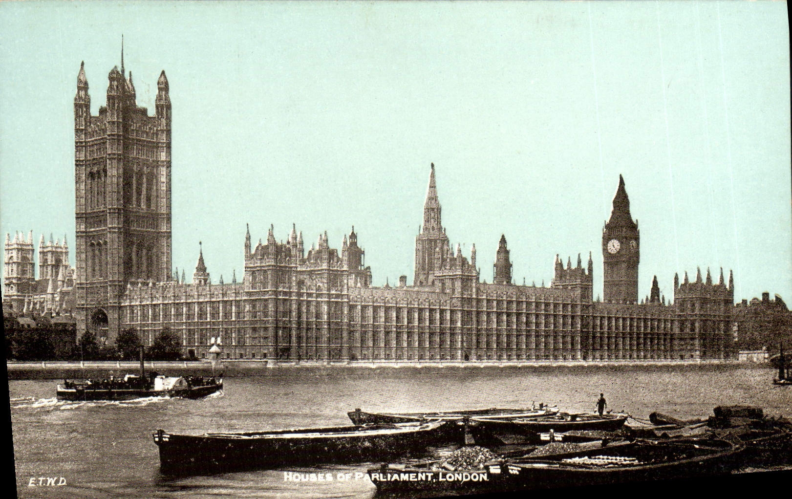 VINTAGE POSTCARD Houses off Parliament London Boat Barge