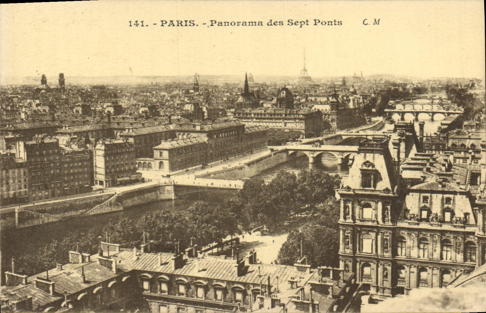Panorama de París de la POSTAL de la VENDIMIA de los siete puentes