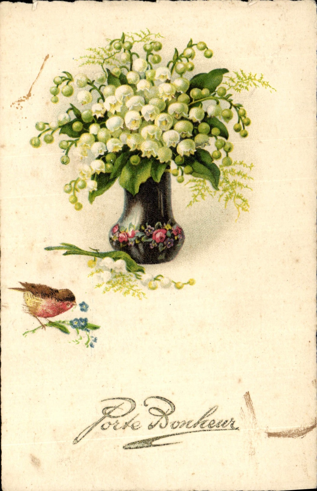 VINTAGE POSTCARD Gate Happiness Flowers Lily of the valley