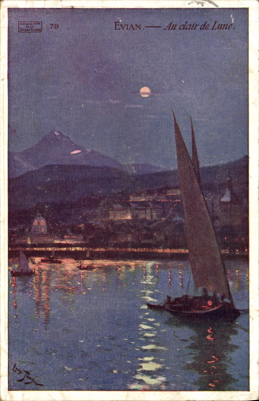 VINTAGE POSTCARD Evian With the moonlight