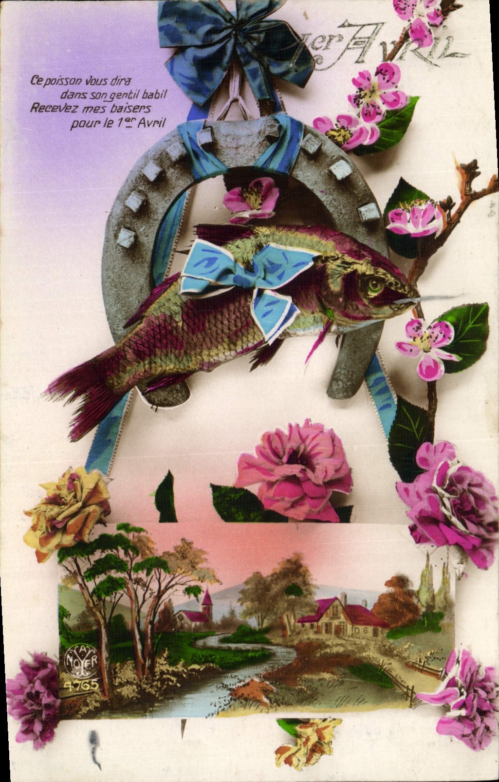 CPA Fantaisie 1er avril Poisson Fer a cheval Fleurs 