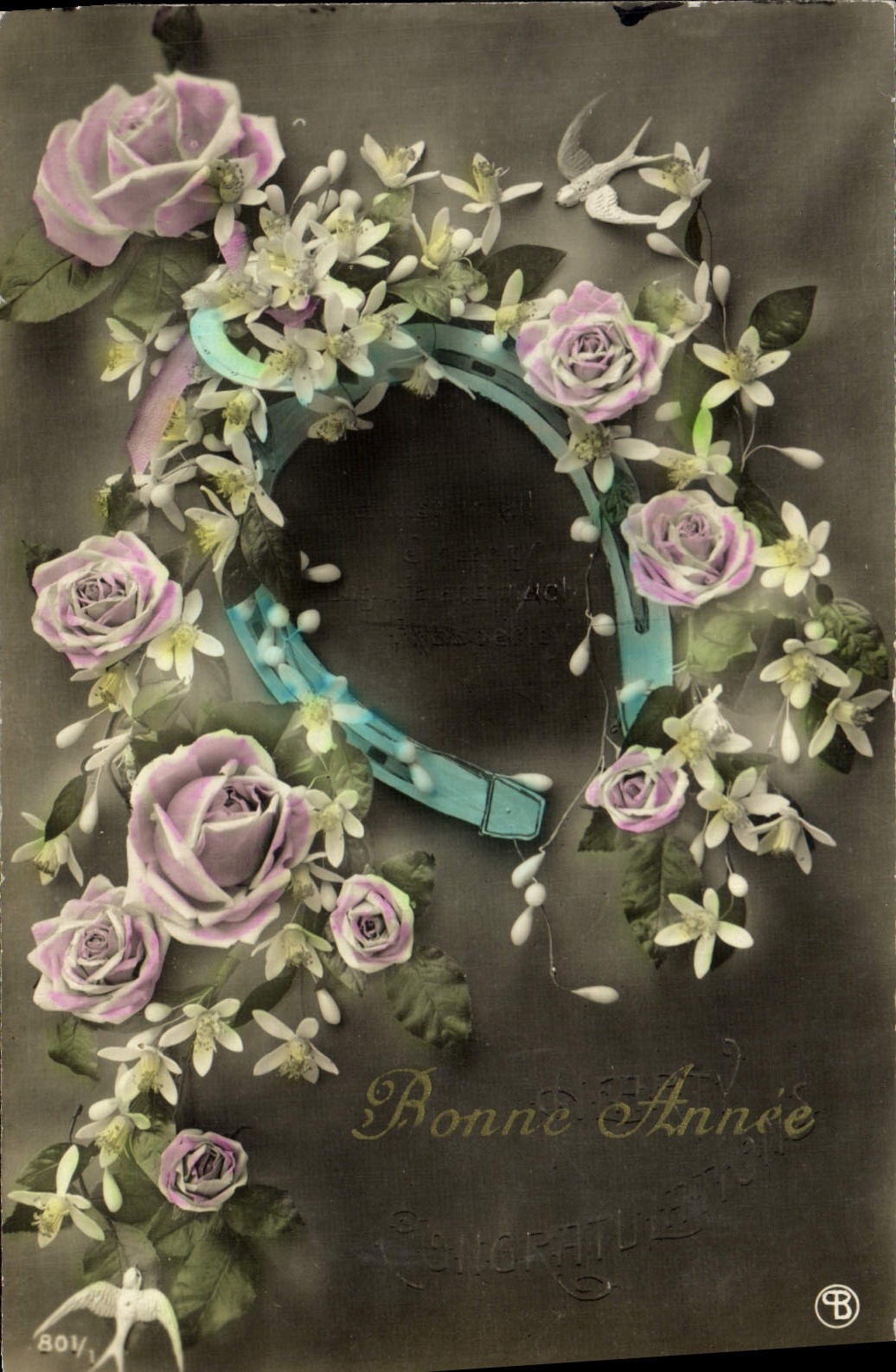 CPA Bonne Annee Fleurs Fer a cheval
