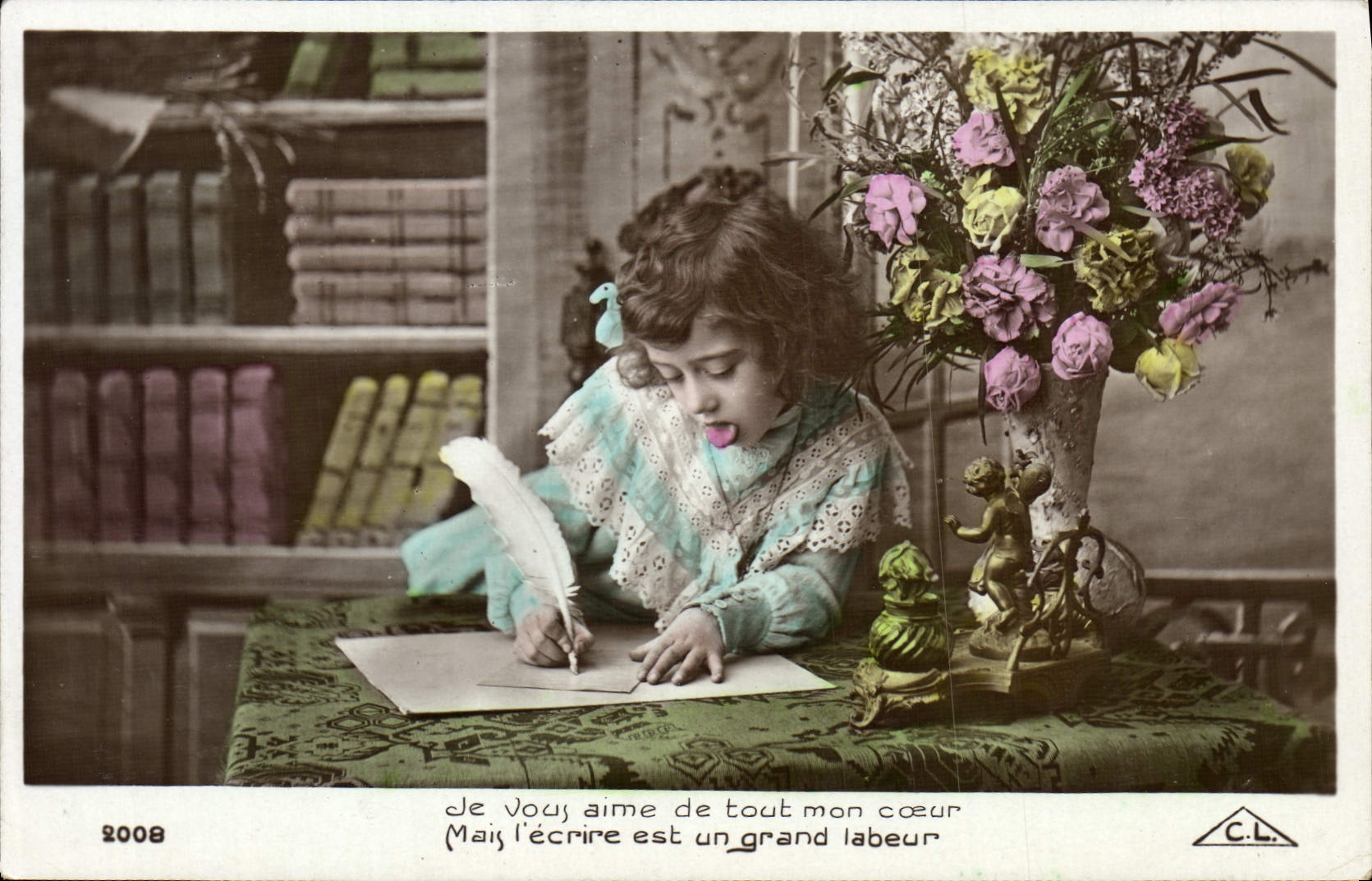 CPA Je vous aime de tout mon coeur Mais l'ecrire est un grand labeur Enfant